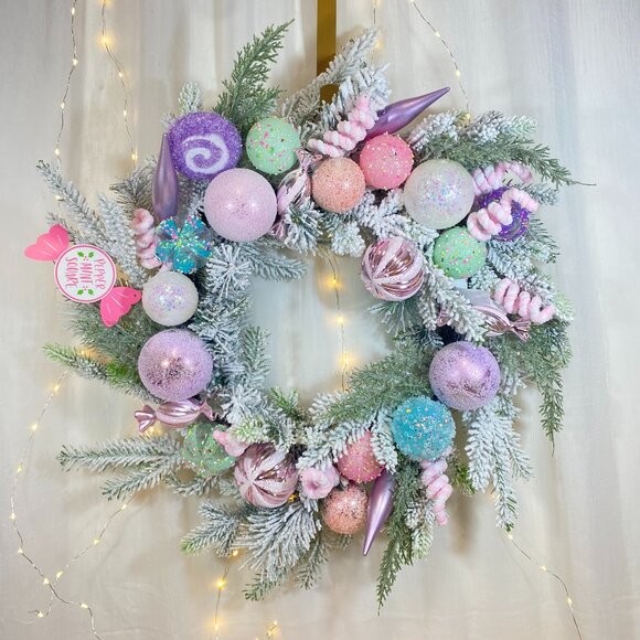 Peppermint Square Pastel Candy Frosted Pine 24" Holiday Christmas Wreath Rare - Picture 2 of 16